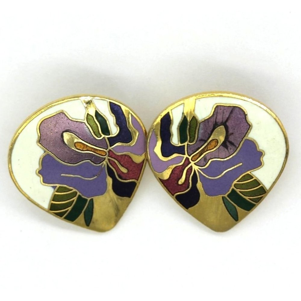 PURPLE ORCHID CLOISONNE earrings, signed MEOW, clip, vintage, teardrop 1"